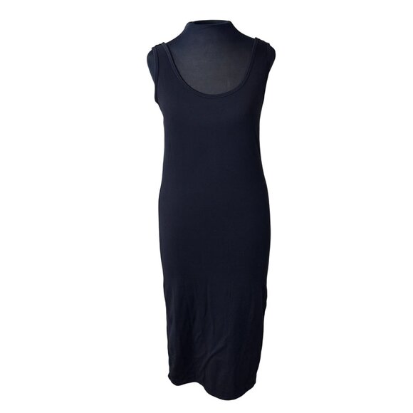 Poshdivah Black Sleeveless Midi Dress With Mock Neck & Side Slit  Size L - Picture 1 of 11